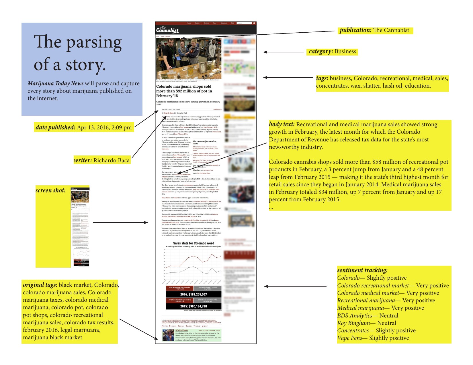 Pitch-deck page 2 — one Cannabist article annotated to show every field the system captures — publication, category, tags, writer, date, body text, screenshot, original tags, and per-entity sentiment tracking.