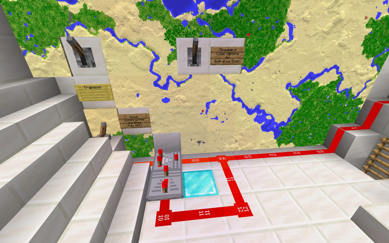 In-game Minecraft sign reading 'Clock constructed by Shea, May 2017', beside the loop-memory build over the world map — the dated birth of the machine's first component.