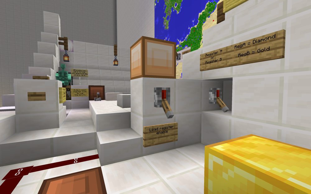 The control-panel close-up of the Minecraft computer — the register lamps that catch serial bits into parallel: register A in diamond, register B in gold.