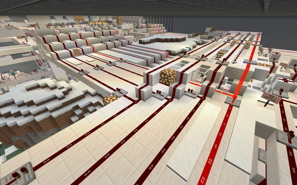 The 4-bit / 5-bit adder of the Minecraft computer — the arithmetic stage whose 5-bit answer reloads back into the loop line, closing the circle.