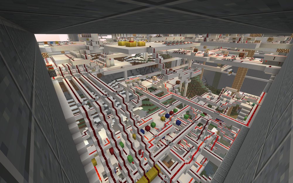 A top-down view of the Loop 2.0 computational core in Minecraft — the redesigned interior, display and controls laid out before the arithmetic.