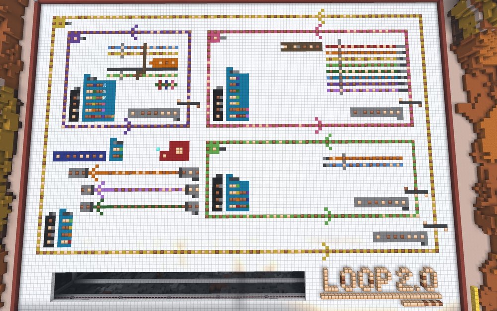 Loop 2.0's architecture display in Minecraft — the logic layout laid out on a white grid wall, the redesigned display and controls, with &ldquo;LOOP 2.0&rdquo; spelled out in blocks.