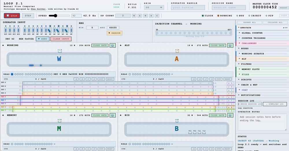 The Loop 2.1 manual flow computer running in a browser — the Working, ALU, Memory and Big register banks with their bus lanes, operator-input switches and session log, build v.331.