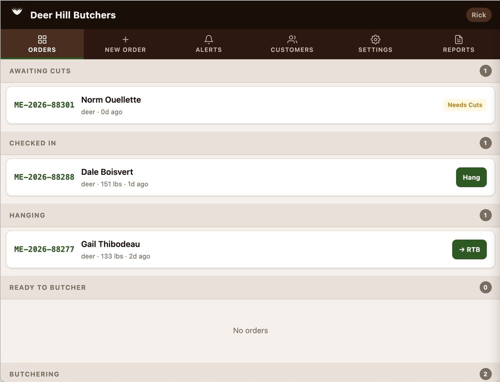 The Butcher Constellation order board for Deer Hill Butchers — deer-processing orders moving through the Awaiting Cuts, Checked In, Hanging and Ready to Butcher stages.