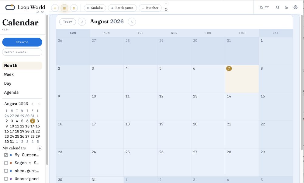 The Forest platform's Calendar app in month view for August 2026, inside the Loop World shell with its email, calendar and contacts tabs.