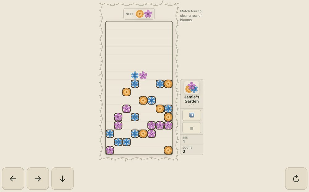 Jamie's Garden mid-game — falling flower blocks stacking in the bed with a next-piece preview and the instruction to match four to clear a row of blooms.