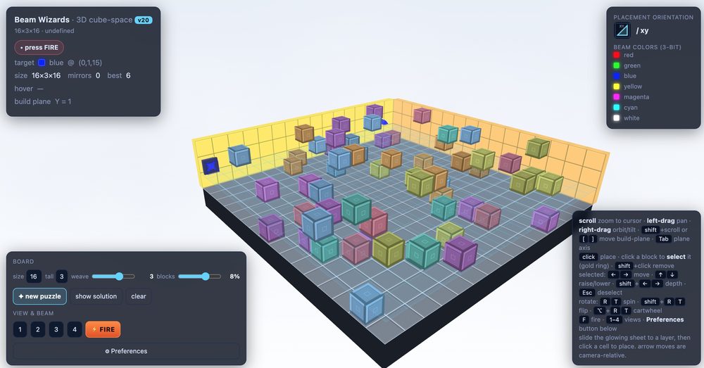 Beam Wizards — the 3D cube-space optics puzzle on a 16×3×16 grid of coloured blocks, with the beam-colour legend and FIRE control.