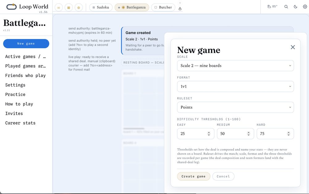 Battleganza running inside the Forest shell — the multiplayer Sudoku-meets-Tic-Tac-Toe game with its New game dialog set to Scale 2, 1v1, Points.