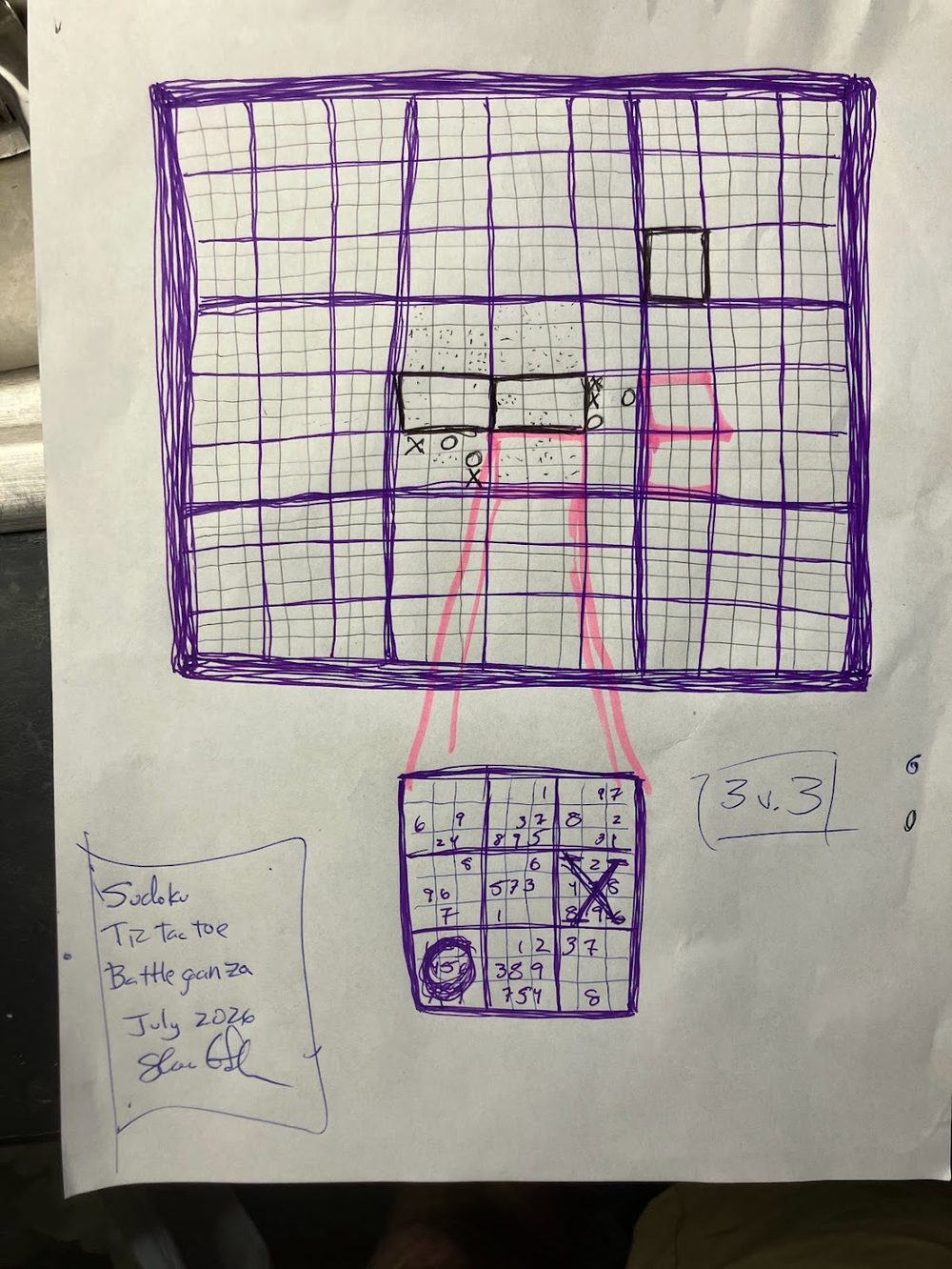 Shea's hand sketch for Battleganza — a large 3×3 mega-board where each cell is its own grid, pink lines tracing a player's attention down from the boards to a single filled Sudoku grid below, marked '3 v. 3' and titled, in the corner, 'Sudoku Tic tac toe Battleganza, July 2026.'