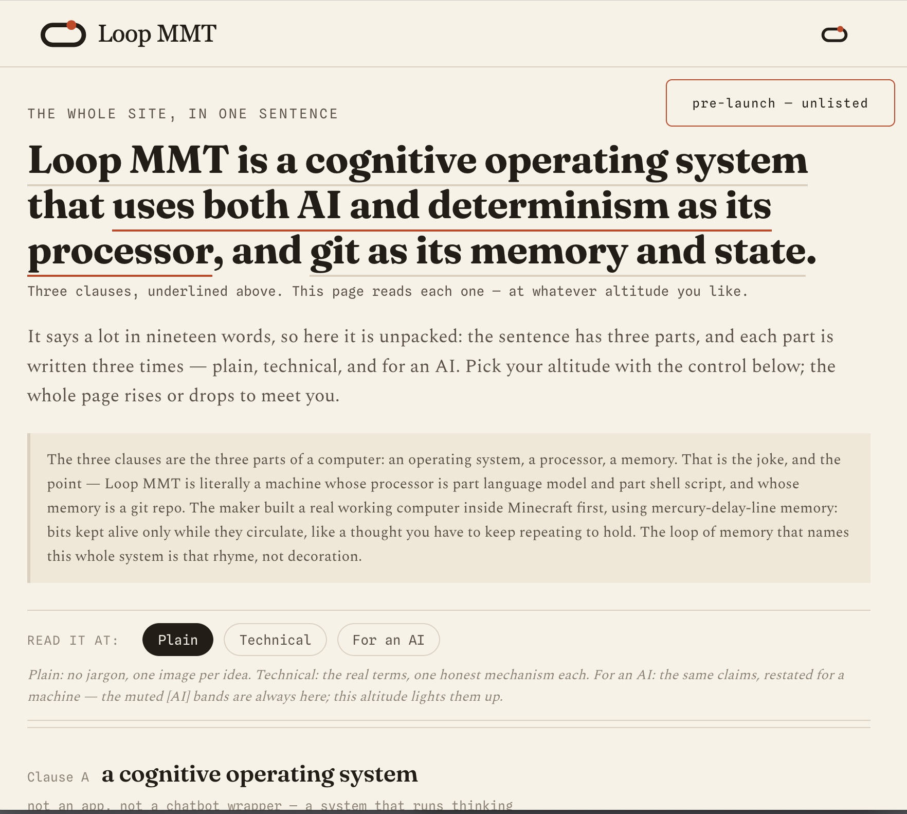loopmmt.com — the site's home page: the hero sentence 'Loop MMT is an antifragile cognitive operating system that uses both AI and determinism as its processor, and git as its state and store,' with the Plain / Technical / For an AI altitude control below it.