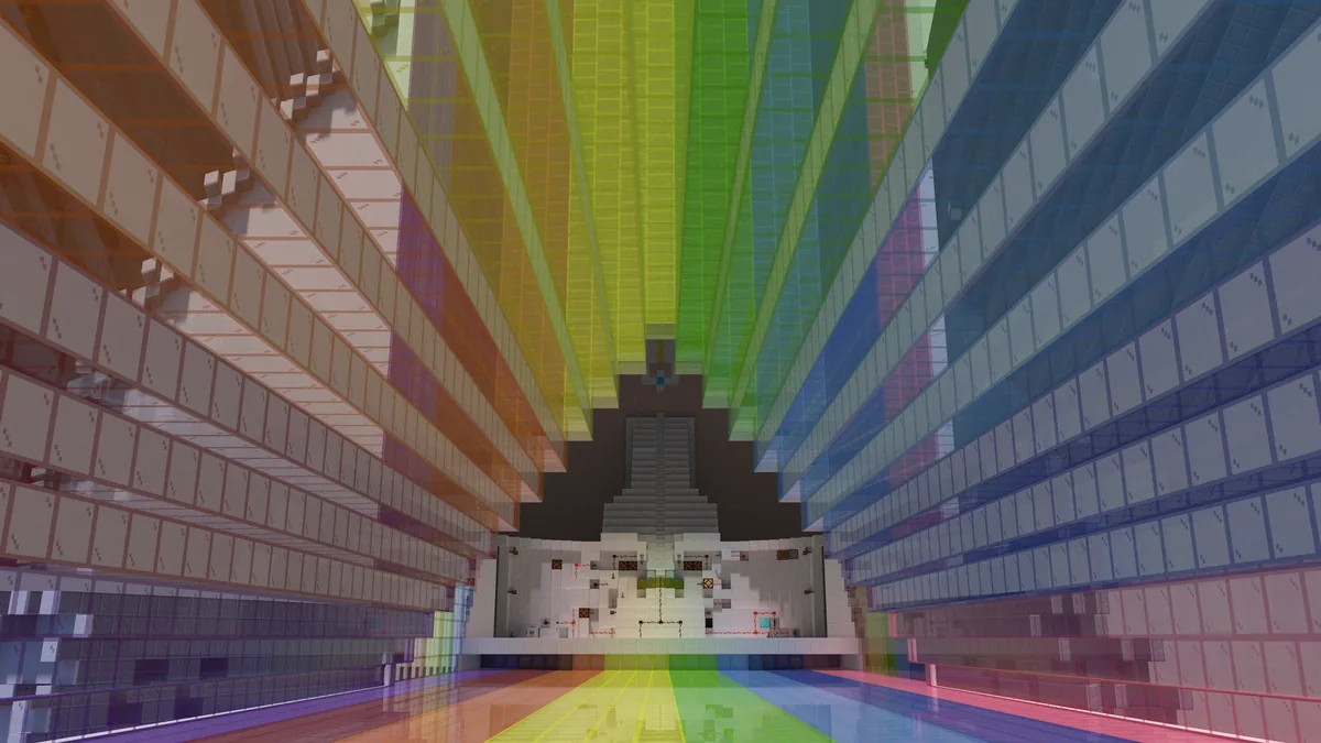 The Loop 1.0 redstone computer inside Minecraft, captured April 2024 — the built machine near completion.