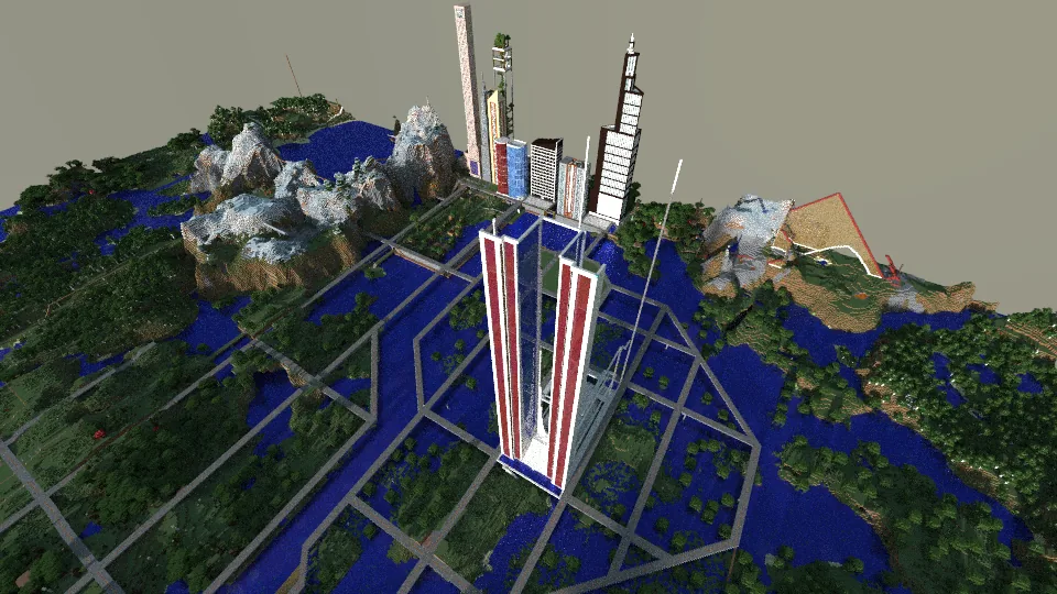 A wide view of the Bohemian Grove Minecraft city — districts, structures and terrain across the built world.