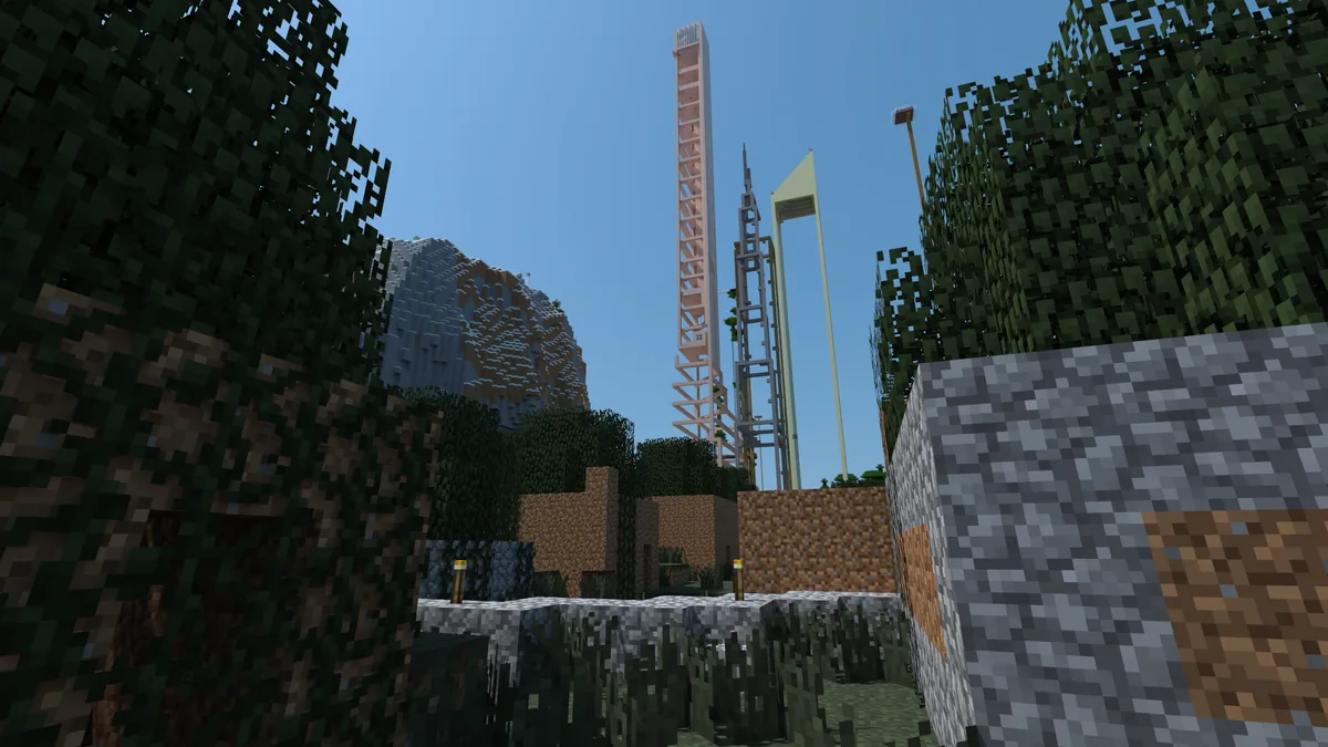 An elevated view over Bohemian Grove — the scale of the Minecraft city seen from above.