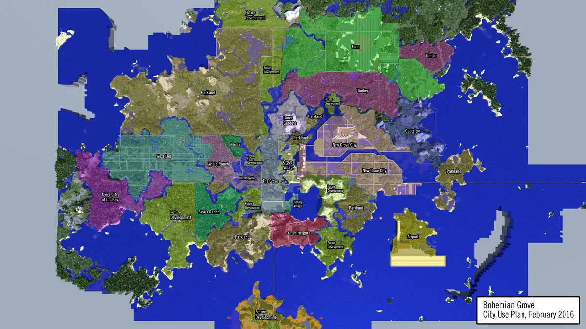 A top-down city-use map of Bohemian Grove — zoned districts and neighborhoods across the planned Minecraft world.