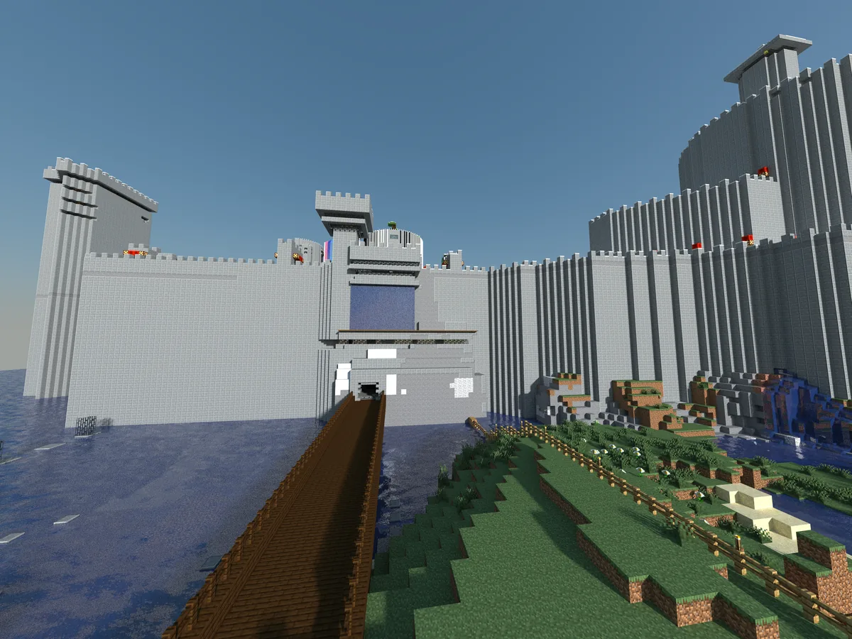 The castle in the Bohemian Grove Minecraft world — farm gate view.