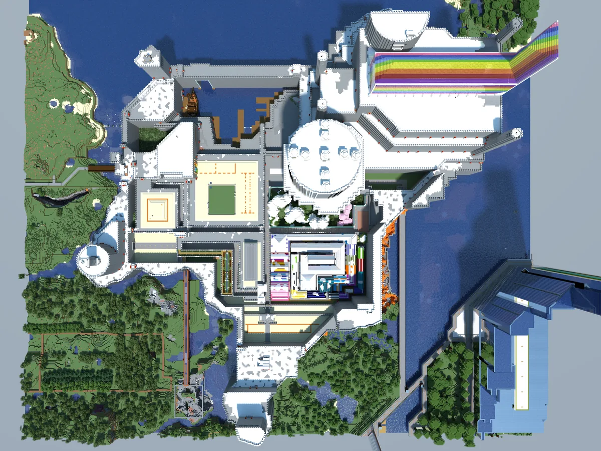 The castle in the Bohemian Grove Minecraft world — overhead view.
