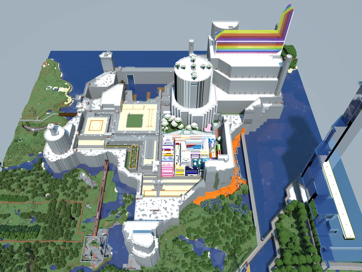 The castle in the Bohemian Grove Minecraft world — west view.