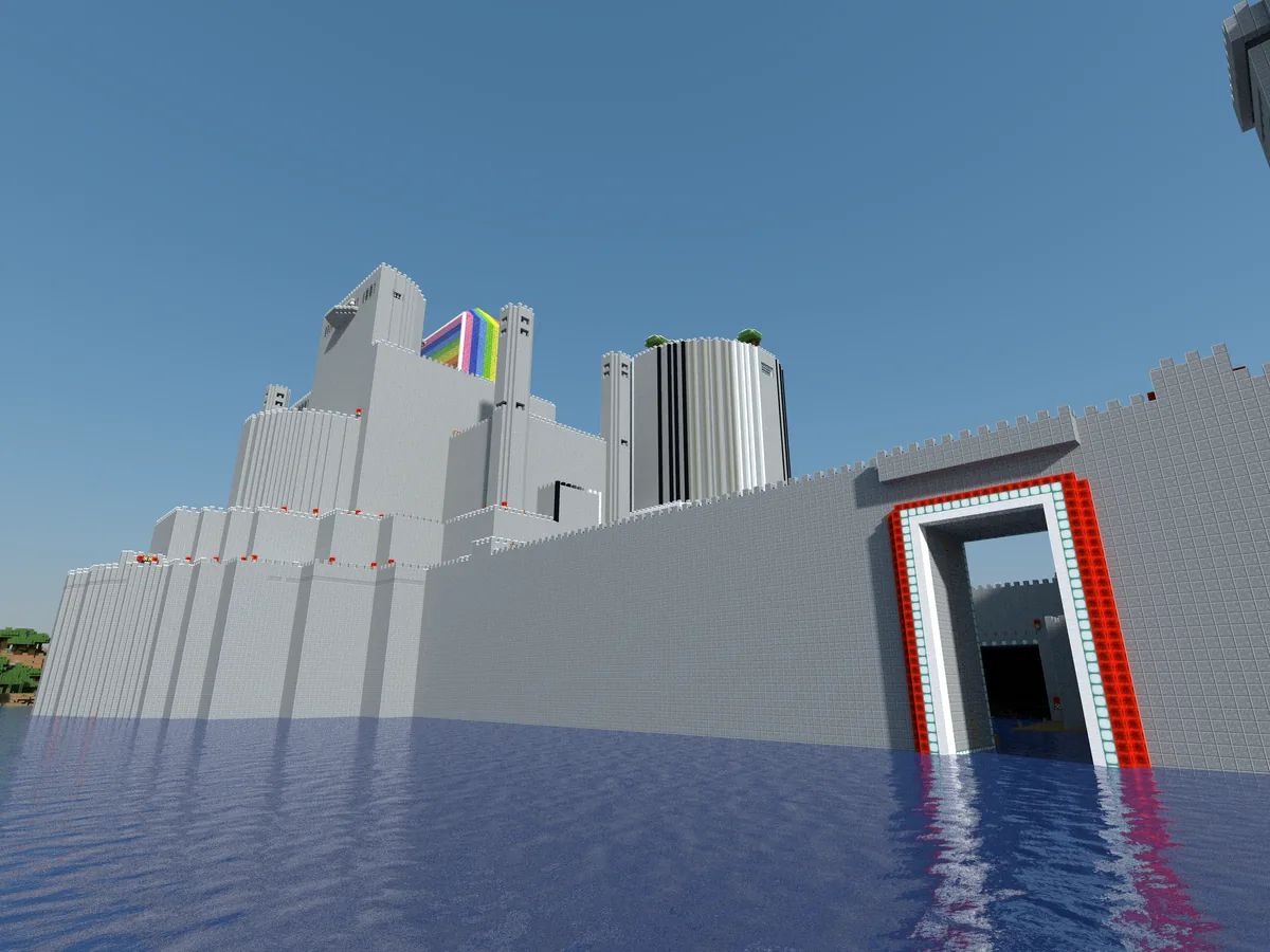 The castle in the Bohemian Grove Minecraft world — boatyard gate view.