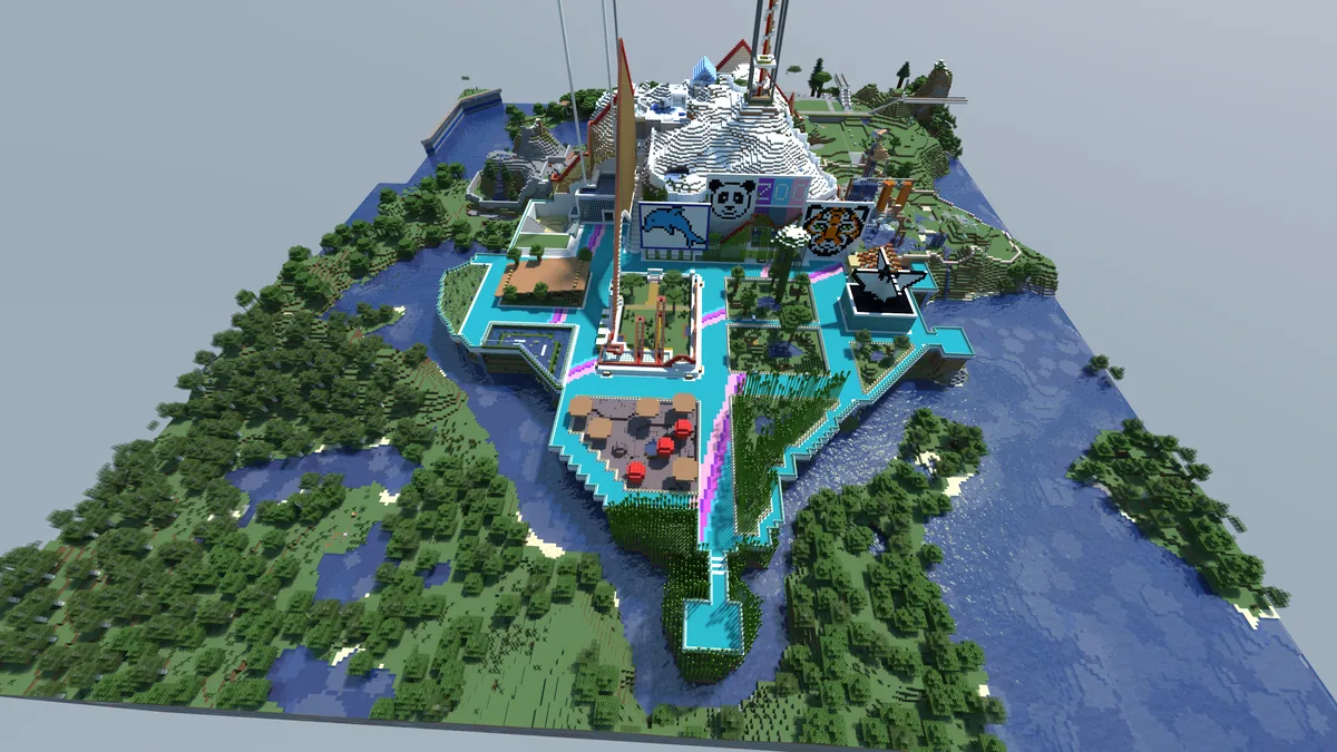 A view of the Bohemian Grove Minecraft world, captured April 25, 2024.