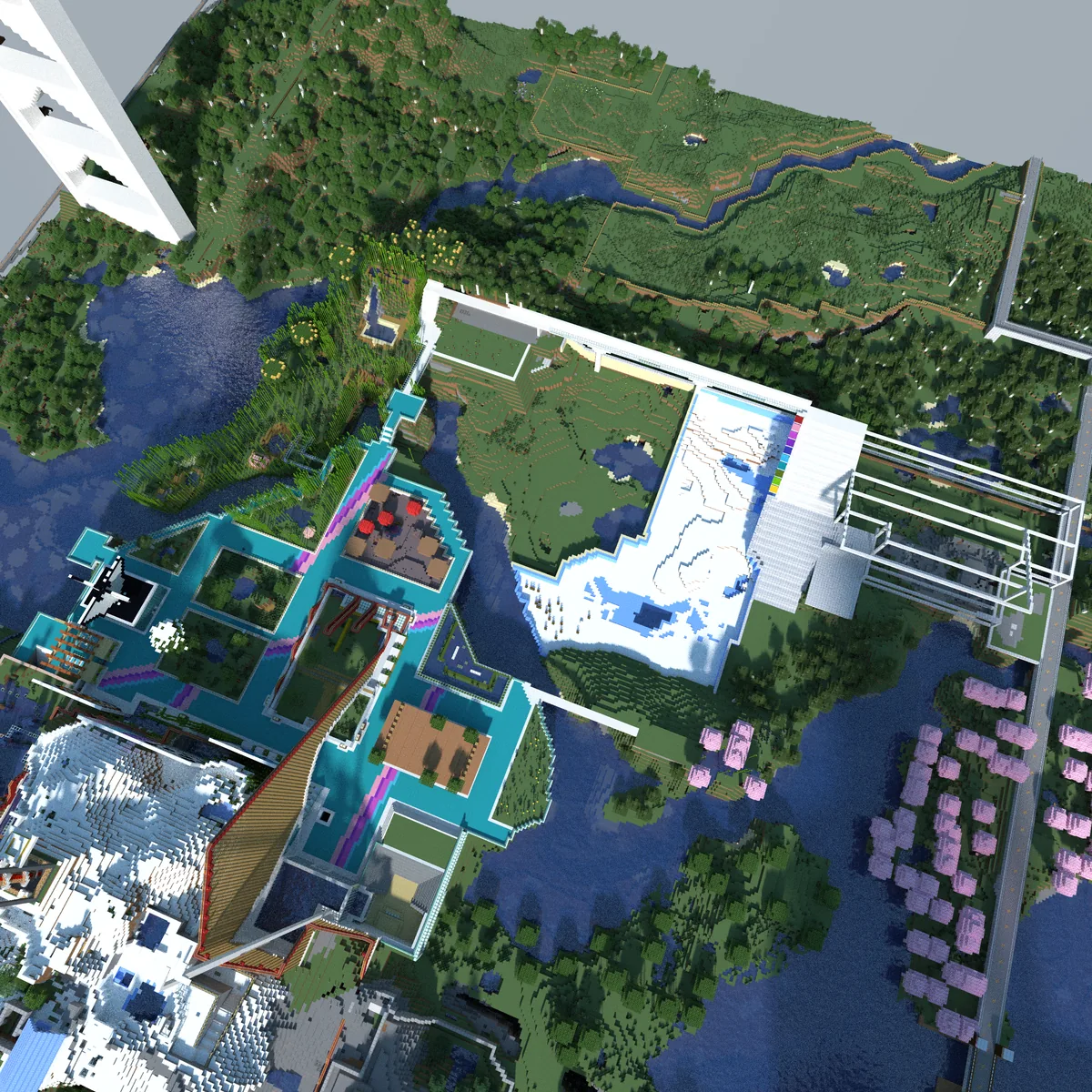 A view of the Bohemian Grove Minecraft world, captured April 26, 2024.