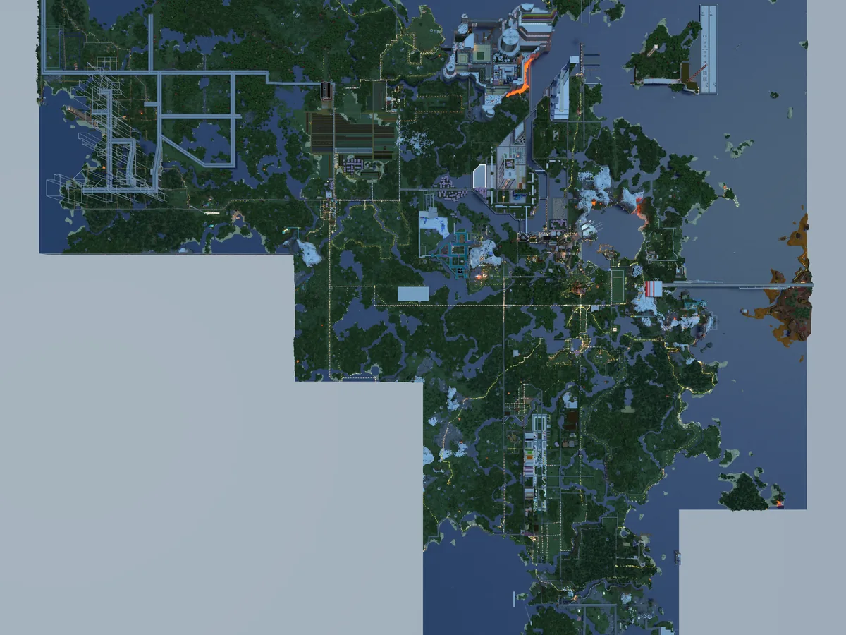 A view of the Bohemian Grove Minecraft world, captured April 26, 2024.