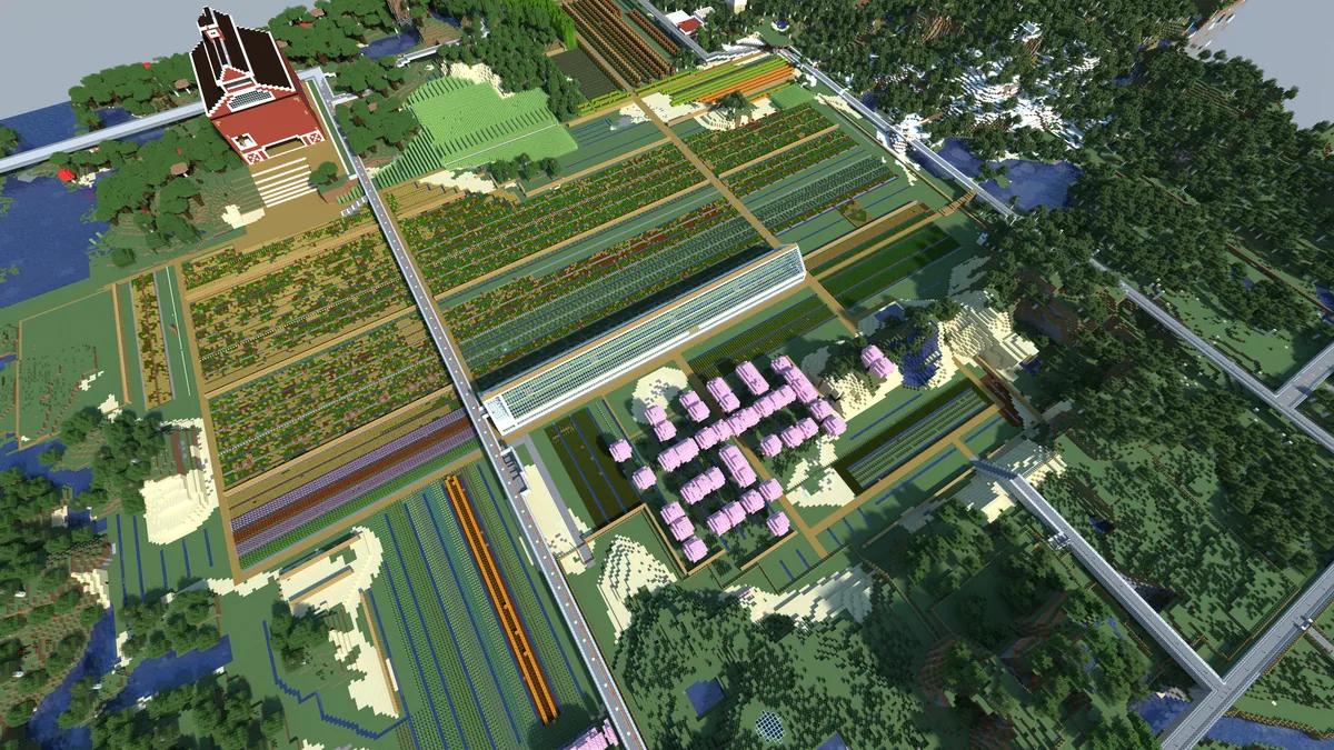 A view of the Bohemian Grove Minecraft world, captured April 28, 2024.