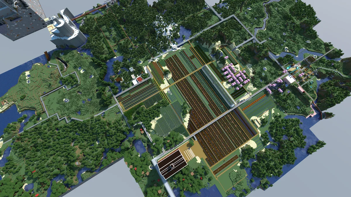 A view of the Bohemian Grove Minecraft world, captured April 28, 2024.