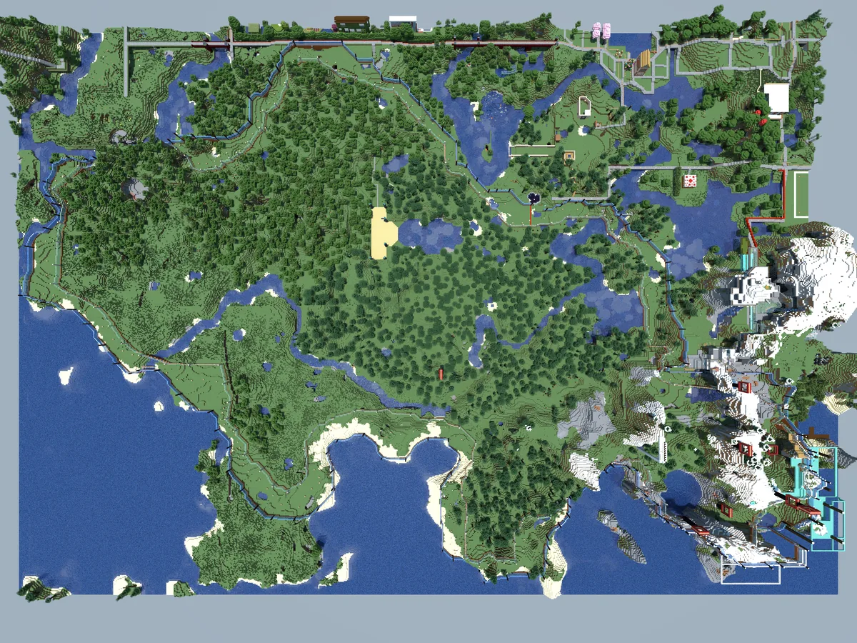 A view of the Bohemian Grove Minecraft world, captured April 29, 2024.