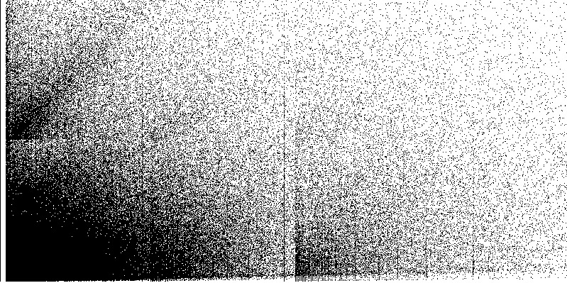 A Chaos Game attractor render: a dense black mass anchored at the left edge, fading rightward through stippled points into white, with a sharp vertical seam partway across.