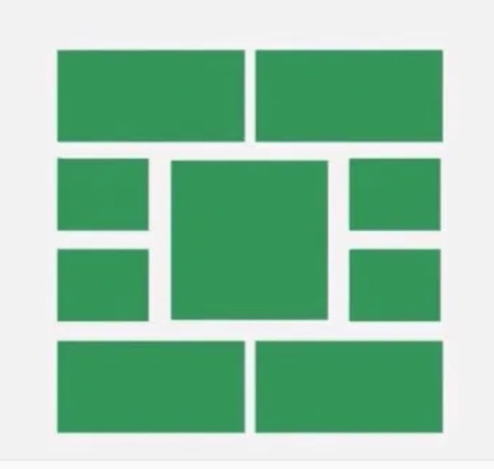 The seed shape: a green brick-lattice mark — a solid central square framed by interlocking rectangular blocks above, below, and to each side, like a keystone set in masonry.